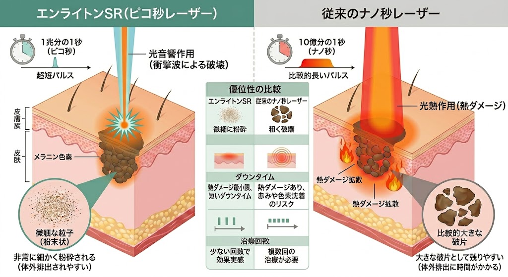 従来のレーザーとピコレーザーの比較画像 イラスト